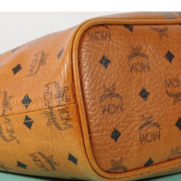 MCM Authentic Visetos  Shopper Tote Bag Yellow Gold Cognac Brown Blue Striped - Picture 5 of 16